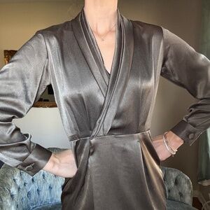 Vintage Satin Gray Green Long Sleeve Cocktail Dress Liz Claiborne Petite 2